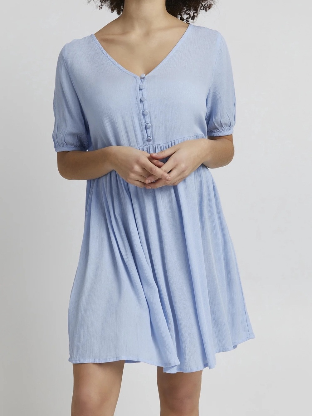 Soft Light Blue V-Neck Mini Dress with Button Front